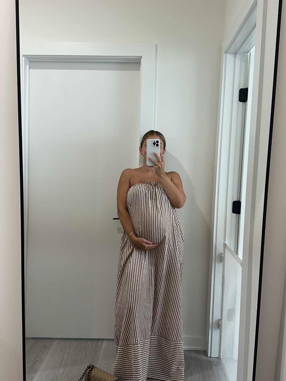 Striped Strapless Maternity Maxi Dress in Brown and White